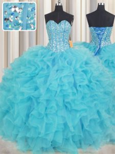Visible Boning Baby Blue Sleeveless Organza Lace Up Quince Ball Gowns for Military Ball and Sweet 16 and Quinceanera
