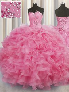 Flare Beading and Ruffles 15th Birthday Dress Rose Pink Lace Up Sleeveless Floor Length