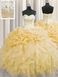 Visible Boning Sleeveless Organza Floor Length Lace Up Quinceanera Gown in Gold with Beading and Ruffles