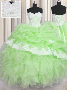 New Arrival Green Ball Gowns Organza Sweetheart Sleeveless Beading and Ruffles and Pick Ups Floor Length Lace Up Quinceanera Dress