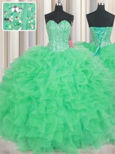 Visible Boning Green Sweetheart Lace Up Beading and Ruffles Quinceanera Gown Sleeveless