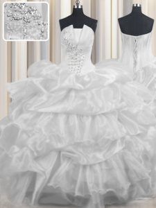 Pick Ups Ruffled Floor Length White Quinceanera Dress Strapless Sleeveless Lace Up