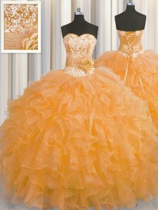 Handcrafted Flower Floor Length Ball Gowns Sleeveless Orange Quinceanera Dresses Lace Up