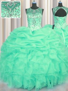 Hot Selling Scoop See Through Turquoise Ball Gowns Beading and Ruffles and Pick Ups 15 Quinceanera Dress Lace Up Organza Sleeveless Floor Length