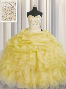 Fashionable Light Yellow Lace Up Sweetheart Beading and Ruffles Sweet 16 Dress Organza Sleeveless