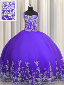 Purple Ball Gowns Straps Sleeveless Tulle Floor Length Lace Up Beading and Appliques Vestidos de Quinceanera