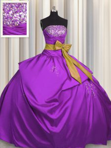 Nice Floor Length Lace Up Quince Ball Gowns Purple for Military Ball and Sweet 16 and Quinceanera with Beading and Bowknot