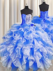 Sweetheart Sleeveless 15 Quinceanera Dress Floor Length Beading and Ruffles and Ruching Blue And White Organza