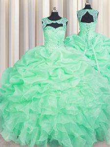 Edgy Scoop Sleeveless Floor Length Beading and Pick Ups Lace Up Quinceanera Gown with Apple Green