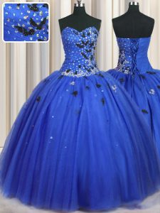 Edgy Sweetheart Sleeveless Tulle Ball Gown Prom Dress Beading and Appliques Lace Up