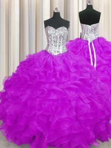 Affordable Floor Length Lace Up Quinceanera Dresses Purple for Military Ball and Sweet 16 and Quinceanera with Beading and Ruffles