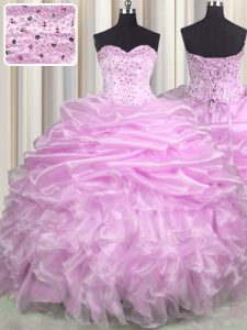 Great Lilac Ball Gowns Beading and Ruffles and Pick Ups 15 Quinceanera Dress Lace Up Organza Sleeveless Floor Length