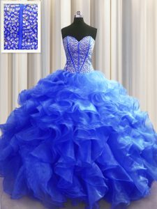 Visible Boning Royal Blue Sweetheart Lace Up Beading and Ruffles Quinceanera Gown Sleeveless