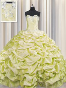 On Sale Brush Train Sleeveless Taffeta Sweep Train Lace Up Ball Gown Prom Dress in Light Yellow with Beading and Pick Ups