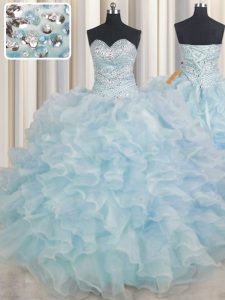 Light Blue Ball Gowns Organza Sweetheart Sleeveless Beading and Ruffles Floor Length Lace Up 15th Birthday Dress