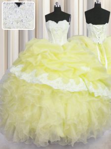 Glittering Sleeveless Organza Floor Length Lace Up Quinceanera Gowns in Light Yellow with Beading and Appliques and Ruffles and Pick Ups
