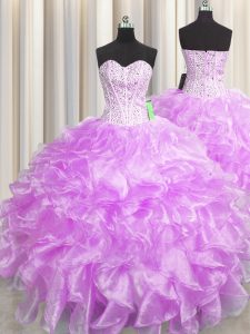 Ideal Visible Boning Zipper Up Beading and Ruffles Sweet 16 Dress Lilac Zipper Sleeveless Floor Length
