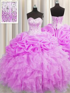 Visible Boning Floor Length Lilac Sweet 16 Dress Organza Sleeveless Beading and Ruffles and Pick Ups