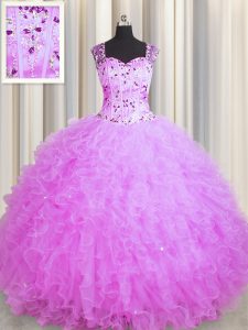 See Through Zipper Up Sleeveless Floor Length Beading and Ruffles Zipper Sweet 16 Dress with Lilac