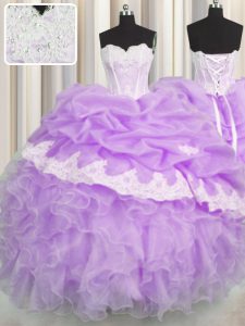 Lilac Sleeveless Floor Length Beading and Appliques and Ruffles and Pick Ups Lace Up Quinceanera Dress