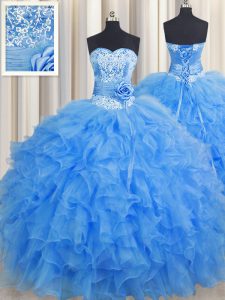 Suitable Handcrafted Flower Sweetheart Sleeveless Quinceanera Gowns Floor Length Beading and Ruffles and Hand Made Flower Baby Blue Organza