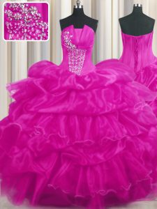 Hot Pink and Fuchsia Strapless Neckline Beading and Ruffled Layers and Pick Ups Quinceanera Gown Sleeveless Lace Up