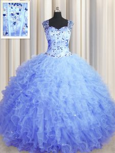 See Through Zipper Up Light Blue Zipper Square Beading and Ruffles 15 Quinceanera Dress Tulle Sleeveless