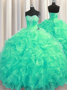 New Arrival Brush Train Ball Gowns Quinceanera Gowns Turquoise Sweetheart Organza Sleeveless Lace Up