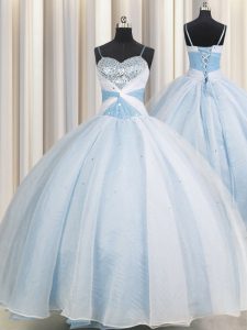 Spaghetti Straps Sleeveless Organza Floor Length Lace Up Quinceanera Gown in Light Blue with Beading and Ruching