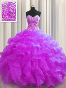 Visible Boning Floor Length Fuchsia Quince Ball Gowns Organza Sleeveless Beading and Ruffles