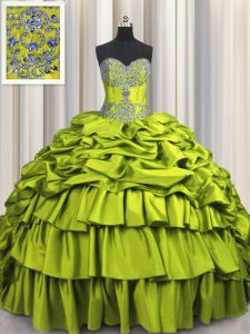 Cute Brush Train Olive Green Taffeta Lace Up Sweet 16 Dress Sleeveless Floor Length Beading and Embroidery and Ruffled Layers and Pick Ups