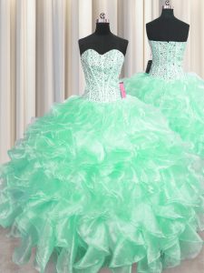 Flirting Visible Boning Apple Green Sleeveless Floor Length Beading and Ruffles Zipper 15th Birthday Dress