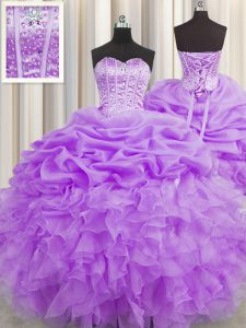 Visible Boning Lilac Sweetheart Lace Up Beading and Ruffles and Pick Ups 15th Birthday Dress Sleeveless