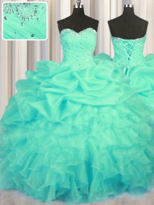 Excellent Turquoise Ball Gowns Organza Sweetheart Sleeveless Beading and Ruffles and Ruching and Pick Ups Floor Length Lace Up Quinceanera Gowns