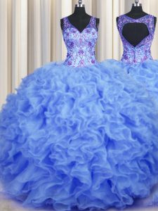 Cute Blue Organza Zipper V-neck Sleeveless Floor Length Quinceanera Gowns Beading and Appliques and Ruffles