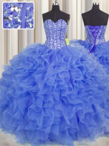 Visible Boning Floor Length Blue Ball Gown Prom Dress Organza Sleeveless Beading and Ruffles and Sashes ribbons