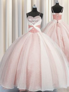 Spaghetti Straps Pink Sleeveless Beading Floor Length Quince Ball Gowns