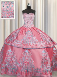 Rose Pink Ball Gowns Taffeta Sweetheart Sleeveless Beading and Embroidery Floor Length Lace Up Quinceanera Dresses