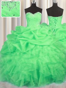 Green Sweet 16 Dresses Military Ball and Sweet 16 and Quinceanera and For with Beading and Ruffles and Ruching and Pick Ups Sweetheart Sleeveless Lace Up