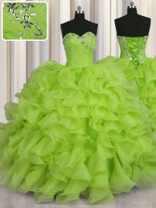 Flare Organza Lace Up Sweetheart Sleeveless Floor Length Ball Gown Prom Dress Beading