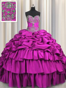Brush Train Fuchsia Sweet 16 Dresses Military Ball and Sweet 16 and Quinceanera and For with Beading and Embroidery and Ruffled Layers and Pick Ups Sweetheart Sleeveless Lace Up