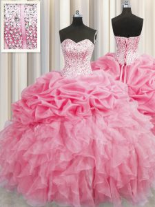 Amazing Visible Boning Organza Sweetheart Sleeveless Lace Up Beading and Ruffles Sweet 16 Dresses in Rose Pink