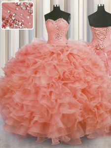 Luxurious Sweetheart Sleeveless Lace Up 15 Quinceanera Dress Watermelon Red Organza