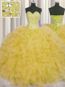 Unique Visible Boning Yellow Lace Up 15 Quinceanera Dress Beading and Ruffles and Sashes ribbons Sleeveless Floor Length