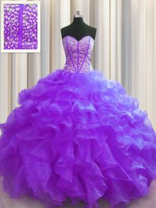 Visible Boning Purple Sleeveless Floor Length Beading and Ruffles Lace Up Vestidos de Quinceanera