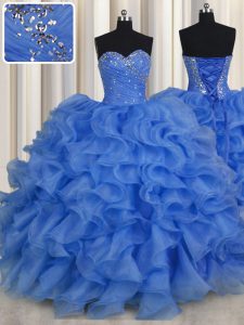 Captivating Blue Sleeveless Floor Length Beading and Ruffles Lace Up Ball Gown Prom Dress