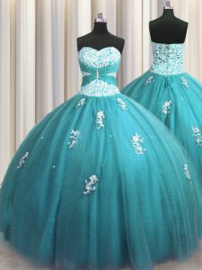 Ball Gowns Quinceanera Dress Teal Halter Top Tulle Sleeveless Floor Length Lace Up