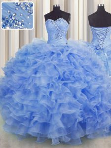 Blue Organza Lace Up Quinceanera Dress Sleeveless Floor Length Beading and Ruffles