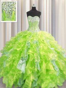 Sophisticated Sequins Visible Boning Yellow Green Sleeveless Organza and Sequined Lace Up Sweet 16 Dresses for Military Ball and Sweet 16 and Quinceanera