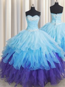 Glittering Sleeveless Organza Floor Length Lace Up Sweet 16 Quinceanera Dress in Multi-color with Beading and Ruffles and Ruffled Layers and Sequins